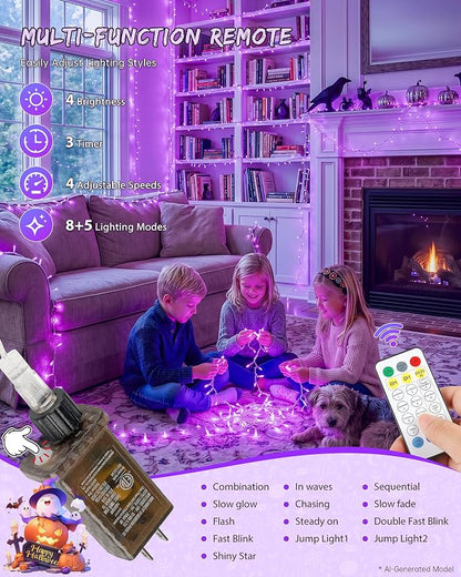 33FT 100 LED Purple Halloween Christmas Fairy Twinkle String Lights | Remote Control, 13 Modes with Memory, 4 Dimmable Brightness, 4 speed levels, Connectable, IP65 Waterproof, Transparent Wire