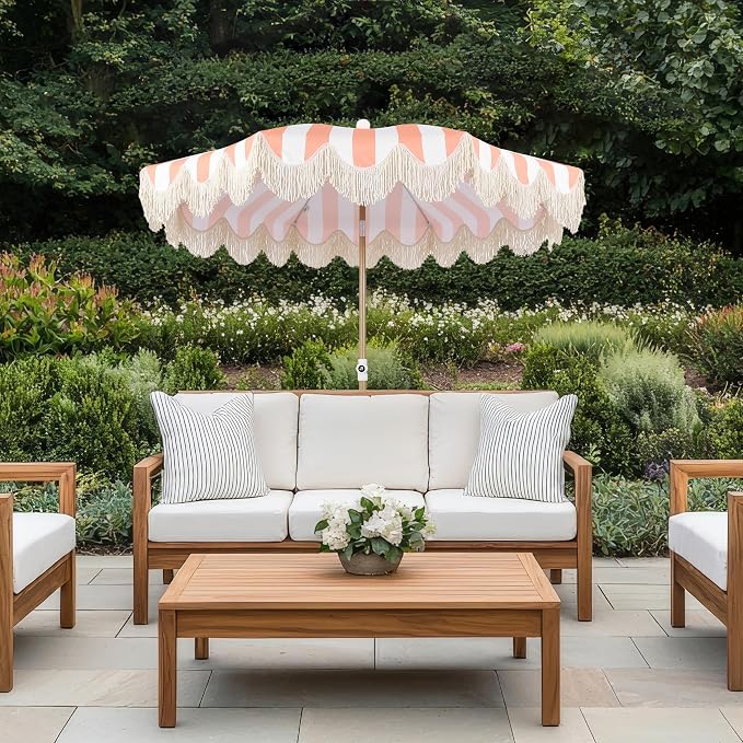 JONATHAN Y Mariner 6.5 ft. Striped Fringe Beach Umbrella, Coral Pink/White | Push-Button Tilt, UV 50 Protection, Matching Carry Bag, Light Brown Wood Finish Iron Pole, Wind Vent, Scalloped Round Canopy