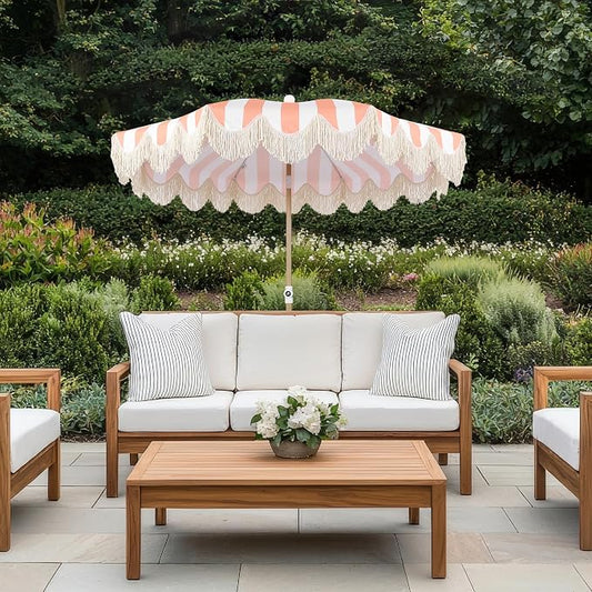 JONATHAN Y Mariner 6.5 ft. Striped Fringe Beach Umbrella, Coral Pink/White | Push-Button Tilt, UV 50 Protection, Matching Carry Bag, Light Brown Wood Finish Iron Pole, Wind Vent, Scalloped Round Canopy