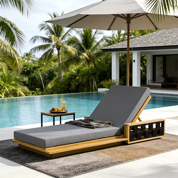 Merax Outdoor Chaise Lounge with 4-Position Adjustable Backrest, Acacia Wood Sunbathing Recliner Chair & 4" Thick Double-fold Cushion for Poolside, Garden, Backyard, Patio, Dark Gray