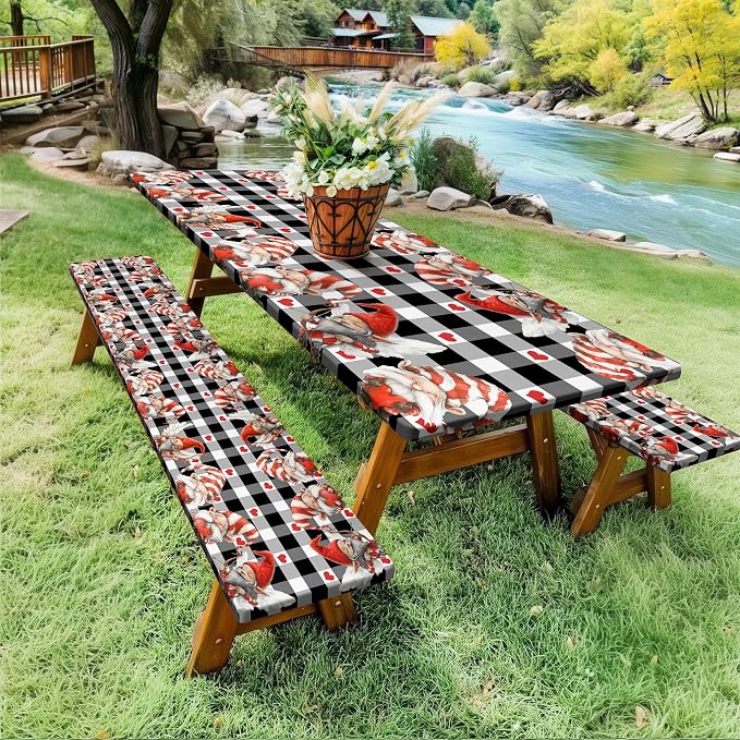 Valentine's Day Picnic Table Cover with Bench Covers, Camping Essentials, Valentines Decor Waterproof Windproof, Fitted Tablecloth Cover with Elastic Edge, Outdoor Table Covers, 3 PCS, 30x72 Inch