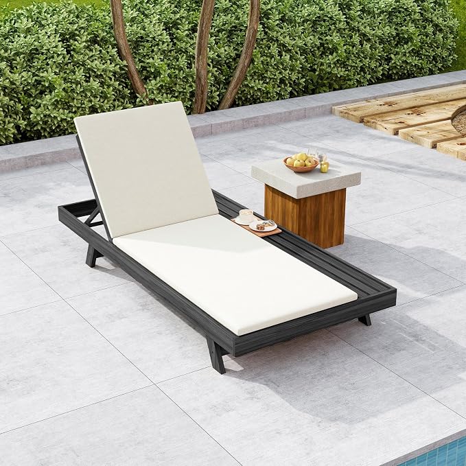 Christopher Knight Home Dami Patio Chaise Lounge Chair Outdoor with 2-Thick Cushion, Acacia Wood Poolside Sun Lounger with Space Available On One Side, Adjustable Backrest Pool Lounger, Black + Cream