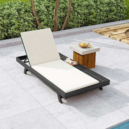 Christopher Knight Home Dami Patio Chaise Lounge Chair Outdoor with 2-Thick Cushion, Acacia Wood Poolside Sun Lounger with Space Available On One Side, Adjustable Backrest Pool Lounger, Black + Cream