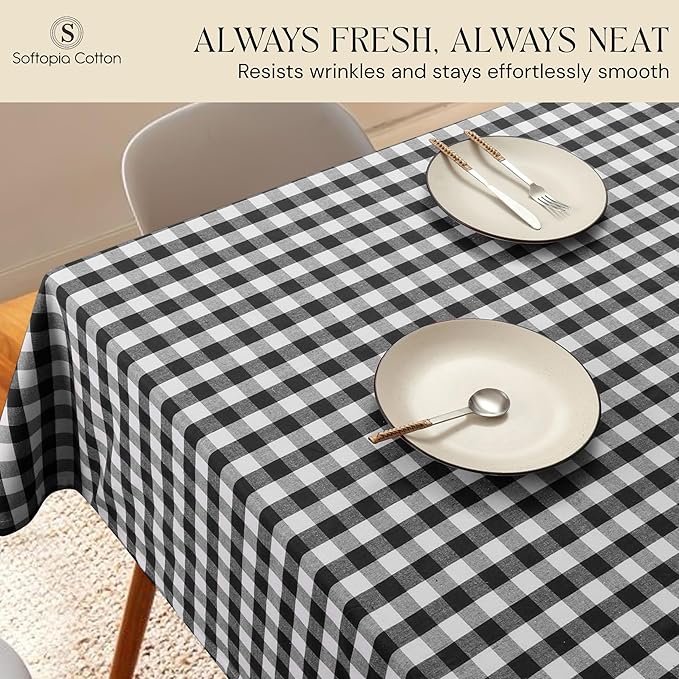 Gingham Buffalo Check 60"x84" Tablecloth 100% Cotton Washable Rustic Rectangle Table Cover Decorative for Gifts, Dining, BBQ, Buffet Parties & Camping - Black