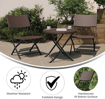 Flash Furniture Rouen Commercial Grade Folding Bistro Set, Indoor/Outdoor PE Rattan Table Top, Back and Seat, Black Steel Frames, 3 Piece Set, Brown/Black