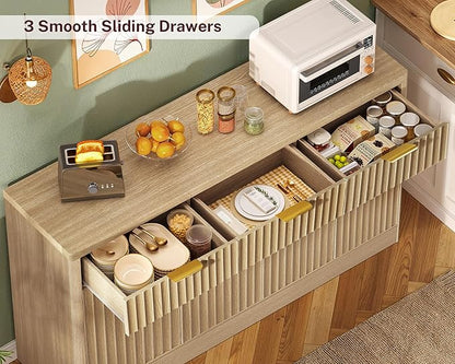 usikey Large Buffet Cabinet with Storage & Drawers, Sideboard Cabinet with 2 Adjustable Shelves & 4 Doors, Coffee Bar Station, Kitchen Storage Cabinets, Natural