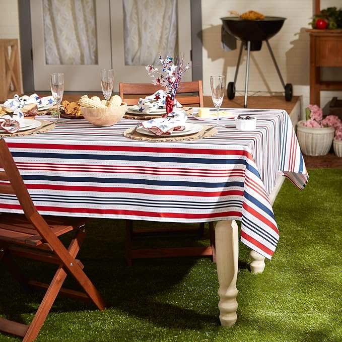 DII 100% Polyester, Spill proof and Waterproof, Machine Washable, Tablecloth for Outdoor Use, 60x120", 4th of July Patriotic Stripe, Seats 10 to 12 People