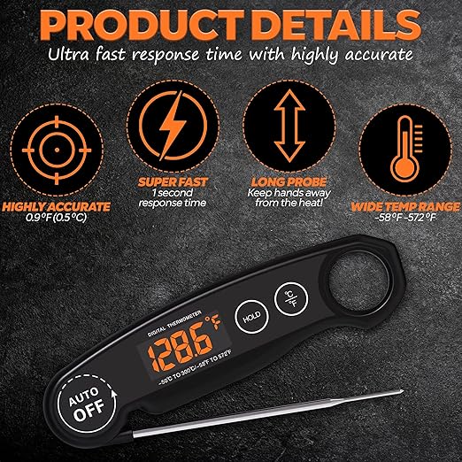 Instant Read Food Thermometer Rechargeable Meat Thermometer Digital Kitchen Thermometer - Fast & Accurate Food Thermometer for Cooking, Grill Thermometer, Fathers Day Gift for Dad Husband