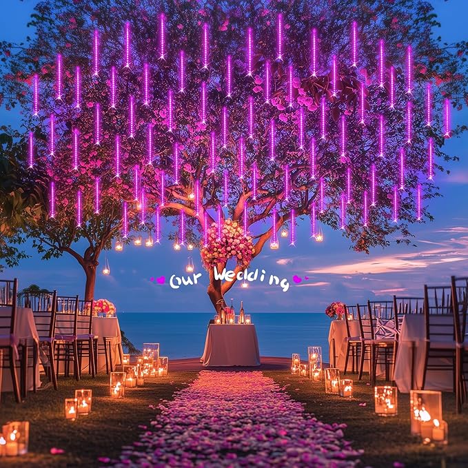 JMEXSUSS Pink Valentine Lights Outdoor, 8 Tube 144 LEDs Solar Meteor Shower Lights Outdoor, Solar Christmas Lights for Tree Eave Holiday Party Patio House Wedding Valentine's Day Decor