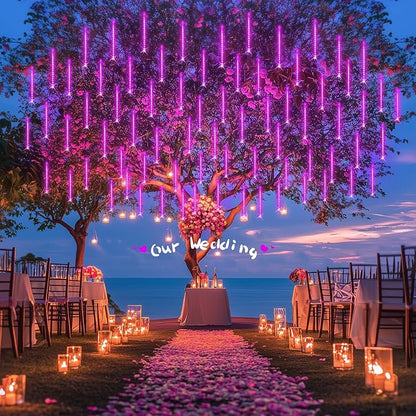 JMEXSUSS Pink Valentine Lights Outdoor, 8 Tube 144 LEDs Solar Meteor Shower Lights Outdoor, Solar Christmas Lights for Tree Eave Holiday Party Patio House Wedding Valentine's Day Decor