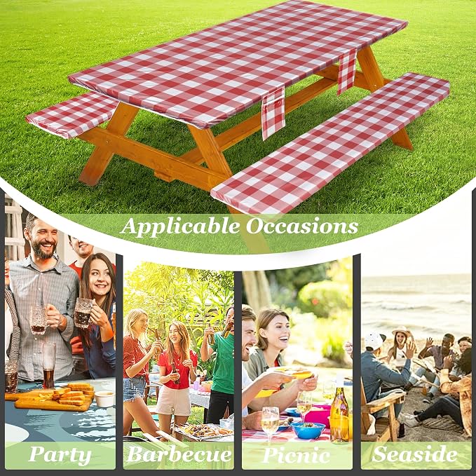 Wrakus Picnic Table Cover with Bench Covers Vinyl Elastic Edges Fitted Rectangle Seat Tables Waterproof 3-Piece72X30in Set Outdoor Rectangular Folding Backing Tablecloth for Camping Over Size