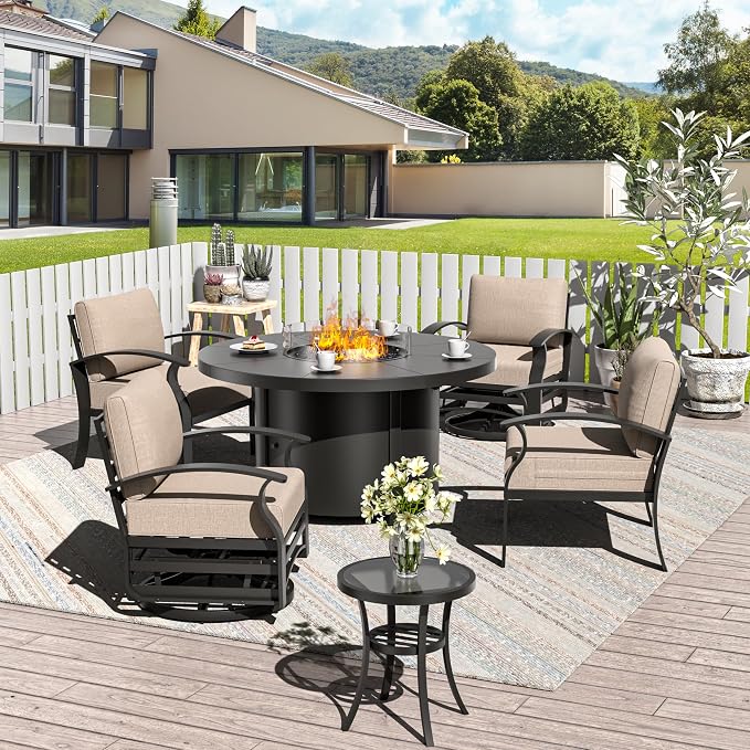 ALAULM Aluminum Patio Furniture Set with Coffee Table Rectangular, 5-seat Outdoor Sectional Furniture w/2 Swivel Chairs, Patio Conversation Set for Porch, Backyard, Sand
