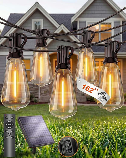 Solar String Lights Waterproof, 162FT(72+3) ST38 Outdoor Lights with Remote, Dimmable, Timer, 3 Light Modes, USB & Solar Patio Lights for Backyard, Yard, Garden, Gazebo, Fence (2700K)