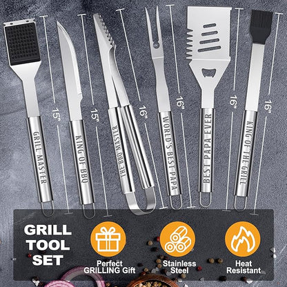 Papa Gifts, Papa Gifts from Grandkids Heavy Duty Grilling Accessories Kit for Backyard BBQ, Thick Stainless Steel Grill Utensils with Non-Slip Handle Tool on Christmas Birthday