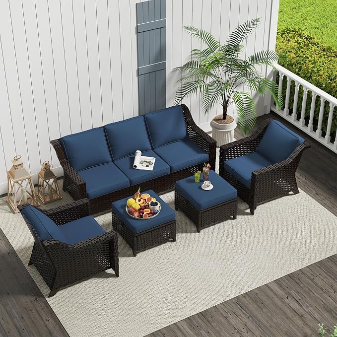 5 Pieces Patio Conversation Furniture Set - 1 Sofa, 2 Armchairs, 2 Ottomans, Outdoor Wicker Furniture with Removable Cushions for Porch, Balcony, Sunroom (Blue)