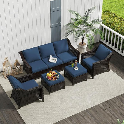 5 Pieces Patio Conversation Furniture Set - 1 Sofa, 2 Armchairs, 2 Ottomans, Outdoor Wicker Furniture with Removable Cushions for Porch, Balcony, Sunroom (Blue)