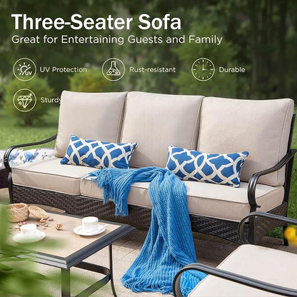 PHI VILLA Wicker & Metal Outdoor Patio Couch,3-Seat Patio Sofa with Deep Seating for Front Porch, Deck, Balcony, Backyard, Sunroom，Beige