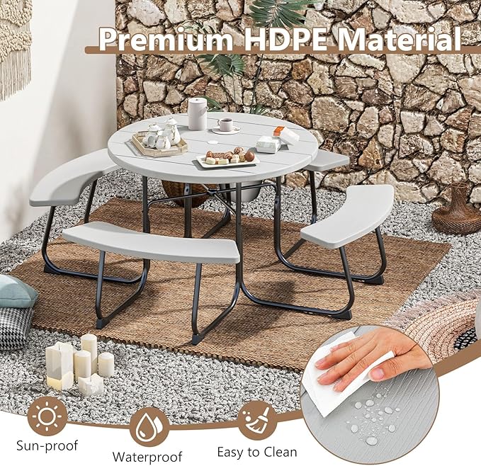 COSTWAY Round Picnic Table with Umbrella Hole, Outdoor Picnic Table with Bench Set for 4-8 People, HDPE Tabletop, Patio Dining Furniture Set for Family Gatherings, BBQ Party, Backyard (Grey)
