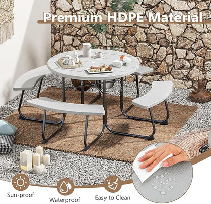 COSTWAY Round Picnic Table with Umbrella Hole, Outdoor Picnic Table with Bench Set for 4-8 People, HDPE Tabletop, Patio Dining Furniture Set for Family Gatherings, BBQ Party, Backyard (Grey)