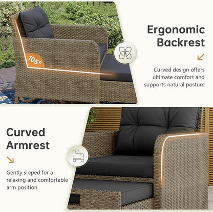 5 Piece Patio Furniture Set, PE Wicker Outdoor Furniture Set with Soft Cushions & Coffee Table, Outdoor Lounge Chairs with Ottoman for Porch, Lawn, Balcony, Beige-Black