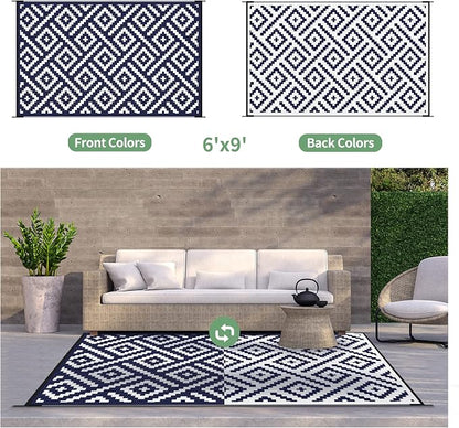 GENIMO Outdoor Rug, Waterproof Plastic Rugs for Patio, 6'x9' Blue White | Outside Larger Modern Carpet Mat for Porch Decor, Deck, Balcony, Camping, RV, Backyard, Picnic, Beach, Reversible, Foldable