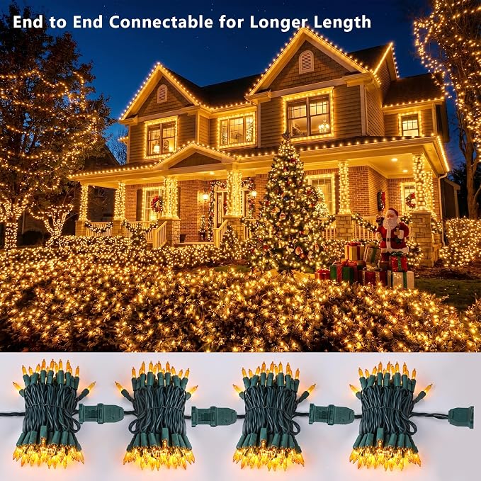 BrizLabs Gold Christmas Lights 300 Count 69.6ft Incandescent String Lights | Connectable; Warm Glow Light String; UL Certified; Xmas Mini String Light Green Wire for Indoor Outdoor Tree Holiday Party