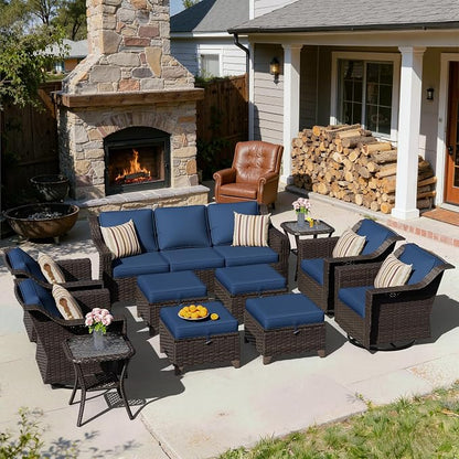 11 Pieces Patio Conversation Furniture Set - 1 Sofa, 4 Ottomans, 4 Swivel Chairs, 2 Side Tables, Outdoor Wicker Furniture with Removable Cushionsfor Porch, Balcony, Sunroom (Blue)