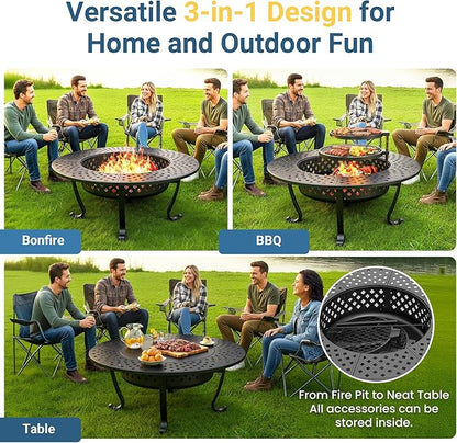 Wisteria Lane 3 in 1 48" Extra Large Fire Pit for Outside Wood Burning with 2 Adjustable Grills, Outdoor Fireplace with Lid and Fire Poker, BBQ & Bonfire & Round Metal Table for Patio, Backyard
