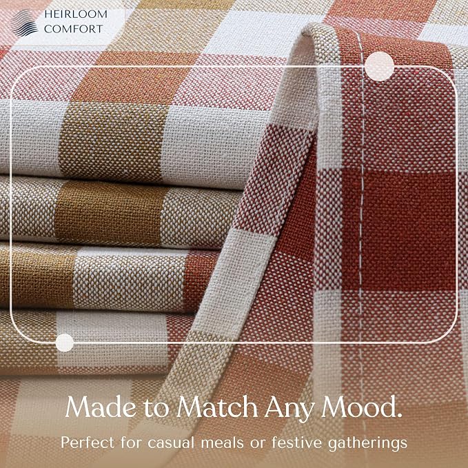 Gingham Cotton Tablecloth 60"x84", Rustic Farmhouse Style, Reusable & Washable, Indoor Outdoor Dining Table Cover for Events, Everyday Use - Rust, Khaki, Natural