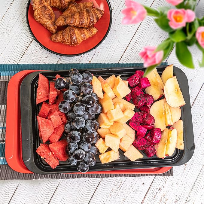 TP 17" x 10.5" Grilling Prep and Serve Trays, Set of 2, Black&Red | Melamine BBQ Trays, Serving Platters for Meats, Raw and Cooked Food Separation, Grill Accessories, Break-resistant
