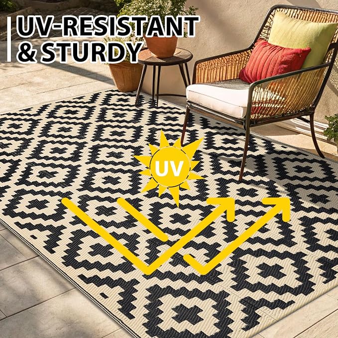 Smiry Outdoor Rug 6x9 ft Waterproof Reversible Boho Mat, Black & Beige | Polypropylene Plastic Straw, Quick Drying, Lightweight Foldable, for Patio, Deck, RV Camping, Backyard and Indoor Outdoor Use