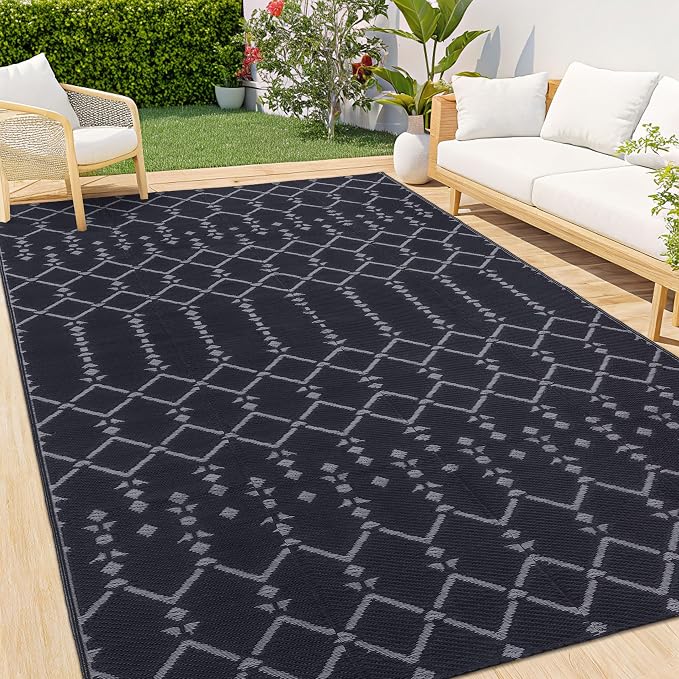 Smiry Outdoor Rug 5x8 ft Waterproof Reversible Boho Mat, Dark Grey | Polypropylene Plastic Straw, Quick Drying, Lightweight Foldable, for Patio, Deck, RV Camping, Backyard and Indoor Outdoor Use