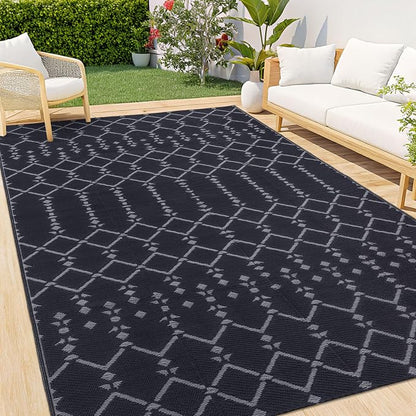 Smiry Outdoor Rug 5x8 ft Waterproof Reversible Boho Mat, Dark Grey | Polypropylene Plastic Straw, Quick Drying, Lightweight Foldable, for Patio, Deck, RV Camping, Backyard and Indoor Outdoor Use