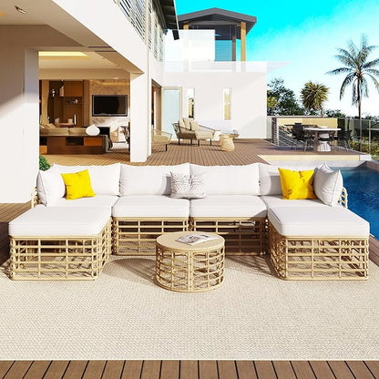 7 Pieces Outdoor Patio Furniture Sectional Sofa Set with Coffee Table, All-Weather Rattan Conversation Set with Thick Cushions and Pillows for Garden Backyard Balcony, Freely Combined (Beige-7S)