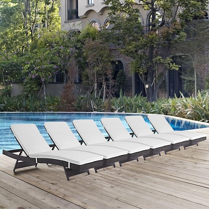 Modway Convene Wicker Rattan Outdoor Patio Chaise Lounge Chairs in Espresso White - Set of 6