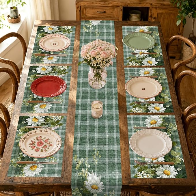 Nuxovilar Tablerunner and Placemats Set of 7 Green Plaid with Daisy Decor Linen Square Placemats for Dining Dining Sets and Accessories Outdoor Picnic, Patio Dinner, Daily Meals
