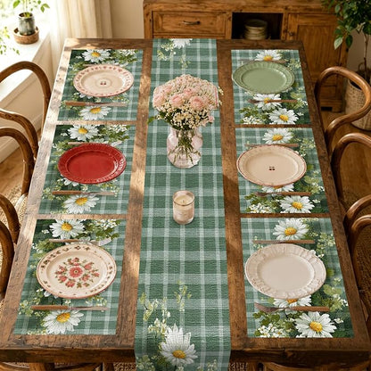 Nuxovilar Tablerunner and Placemats Set of 7 Green Plaid with Daisy Decor Linen Square Placemats for Dining Dining Sets and Accessories Outdoor Picnic, Patio Dinner, Daily Meals