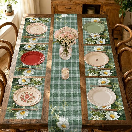 Nuxovilar Tablerunner and Placemats Set of 7 Green Plaid with Daisy Decor Linen Square Placemats for Dining Dining Sets and Accessories Outdoor Picnic, Patio Dinner, Daily Meals