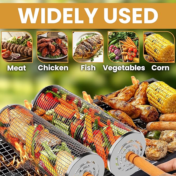 Rolling Grill Basket Fathers Day Gifts For Dad Removable Wooden Handle 304 Stainless Steel Nesting Smoker Net BBQ Grilling Accessories Tools Kebab Fish Vegetable Steamer Basket Camping Cooking Outdoor Kitchen Food Rotisserie Barbeque Cooking Grilling G...
