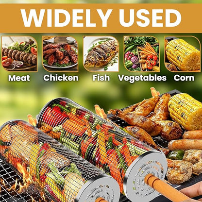 Rolling Grill Basket Fathers Day Gifts For Dad Removable Wooden Handle 304 Stainless Steel Nesting Smoker Net BBQ Grilling Accessories Tools Kebab Fish Vegetable Steamer Basket Camping Cooking Outdoor Kitchen Food Rotisserie Barbeque Cooking Grilling G...