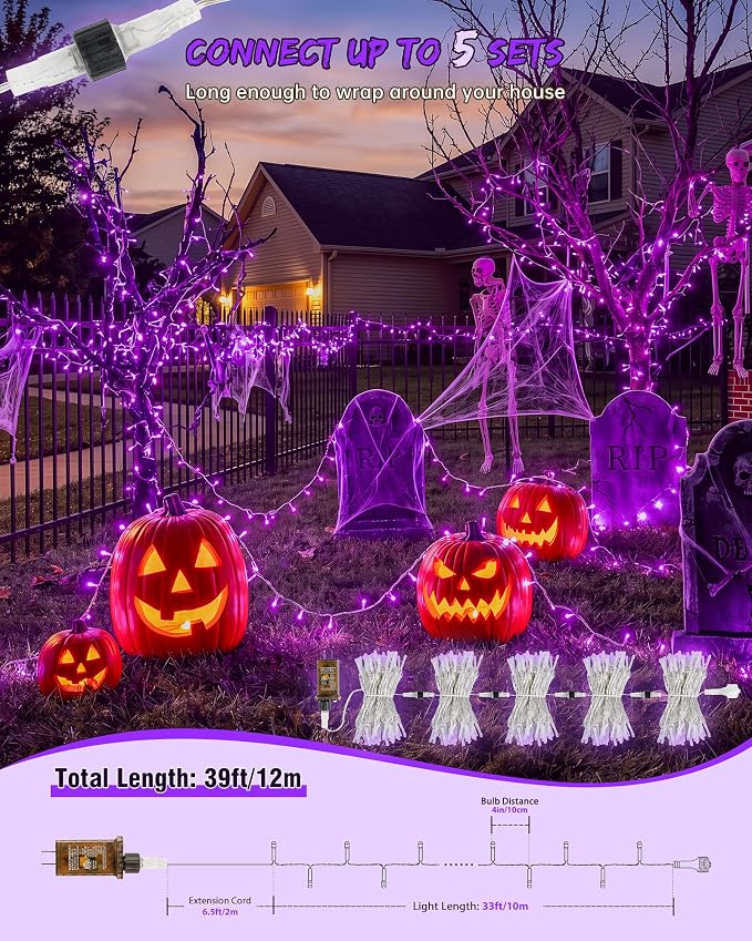 33FT 100 LED Purple Halloween Christmas Fairy Twinkle String Lights | Remote Control, 13 Modes with Memory, 4 Dimmable Brightness, 4 speed levels, Connectable, IP65 Waterproof, Transparent Wire