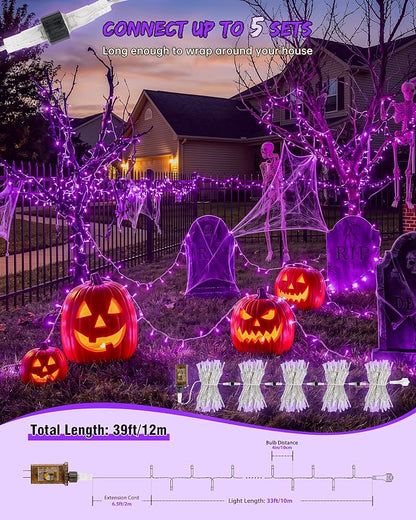 33FT 100 LED Purple Halloween Christmas Fairy Twinkle String Lights | Remote Control, 13 Modes with Memory, 4 Dimmable Brightness, 4 speed levels, Connectable, IP65 Waterproof, Transparent Wire