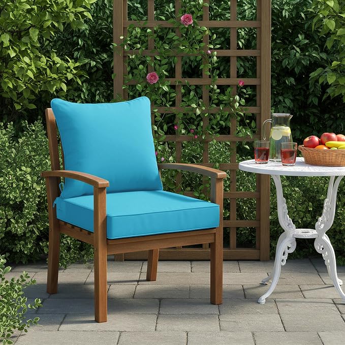 Summsun Outdoor Back and Deep Seat Cushion Set, 22 x 22 Inch, Teal, 1 Pack | Double-Sided Water Resistant, Removable Cover, Back Pillow & Seat Cushion, Tie Straps, Fit for Patio, Garden, Sofa Couch