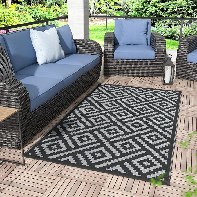 GENIMO Outdoor Rug 3'x5' Waterproof for Porch, Plastic Door Mat Black Grey | Outside Modern Carpet for Patio Decor, Balcony, Deck, Backyard, Picnic, Camping, RV, Reversible, Foldable, Lightweight