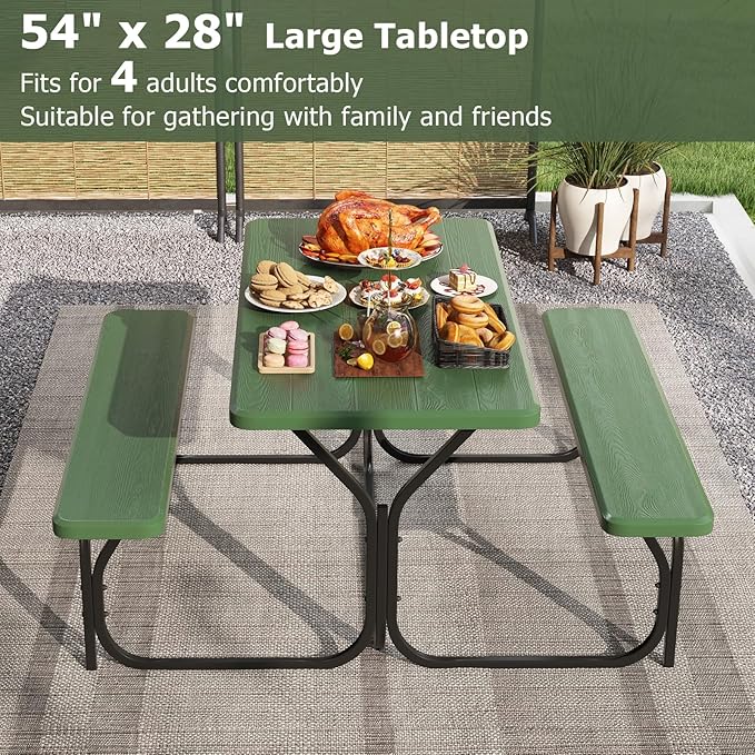 GYMAX Picnic Table, Picnic Bench Easy to Assemble w/All Weather Wood Grain Tabletop & Metal Frame, Picnic Tables for Outdoors Camping Backyard Deck Patio Poolside Dining Party