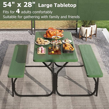 GYMAX Picnic Table, Picnic Bench Easy to Assemble w/All Weather Wood Grain Tabletop & Metal Frame, Picnic Tables for Outdoors Camping Backyard Deck Patio Poolside Dining Party