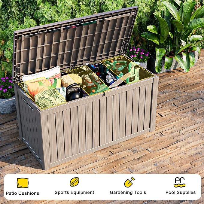 ROJIK 180 Gallon Waterproof Outdoor Deck Storage Box, Lockable Resin Patio Storage Bin with Lid for Garden Tools, Patio Cushions & Outdoor Accessories(Grey)