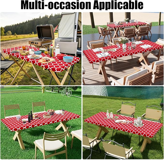 Smiry 2 Pack Rectangle Table Cloth 4 Foot, Waterproof Elastic Fitted Tablecloths, Windproof Washable Polyester Table Cover for Picnic, Camping, Outdoor (Red, 30"x48")