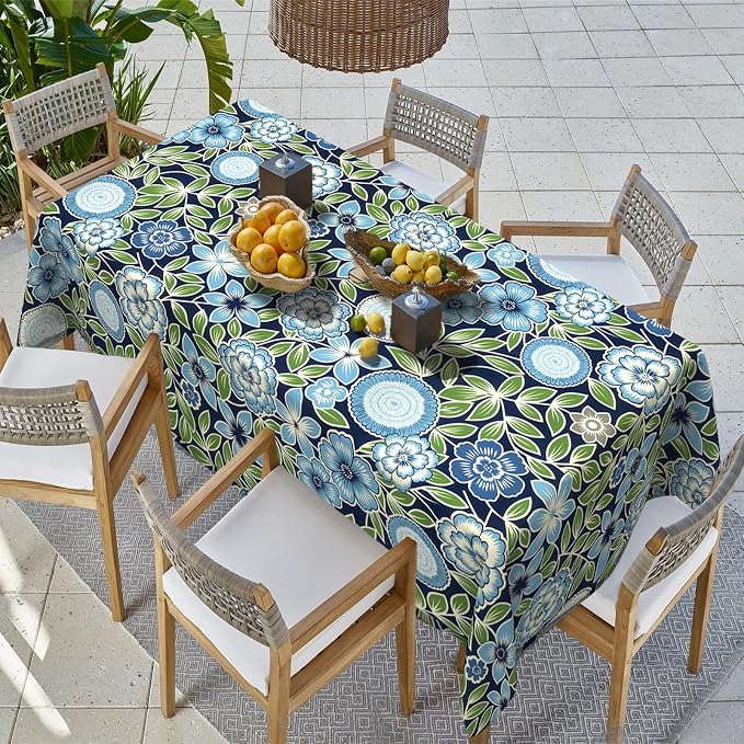 Outdoor Rectangle Tablecloth, 60×84 Inch Water Repellent Picnic Table Cover with Umbrella Hole Zipper for Patio Family Meal, Azure Bloom
