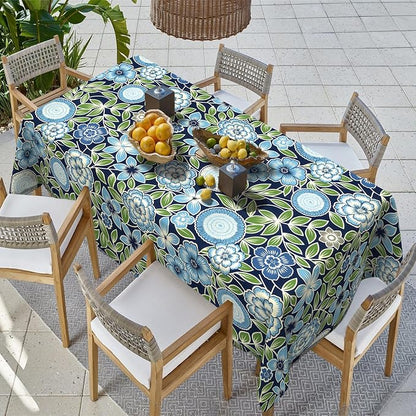 Outdoor Rectangle Tablecloth, 60×84 Inch Water Repellent Picnic Table Cover with Umbrella Hole Zipper for Patio Family Meal, Azure Bloom